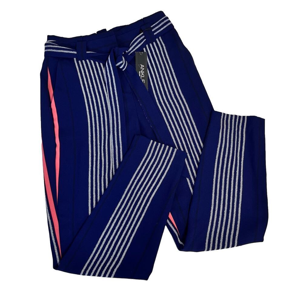 Express High Rise Ankle Pants sz 2 Regular Navy Blue White Coral Striped Career
